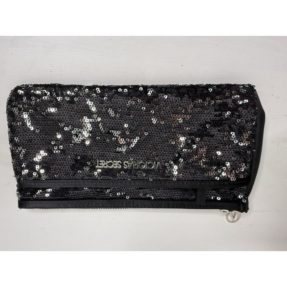 Victoria’s Secret Black Sequin Cosmetic Bag Makeup Pouch Clutch Zip